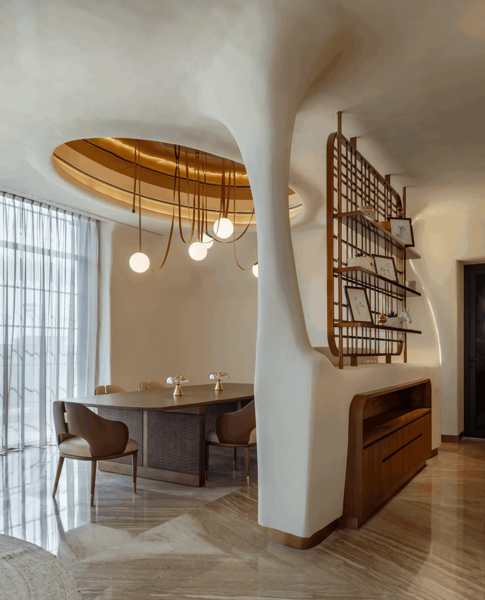 Falwa alcove table beneath a bronze ceiling oculus