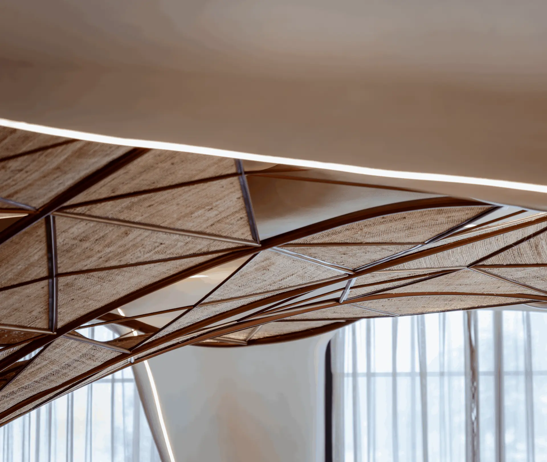 Falwa canopy detail lit by daylight through sheer curtains