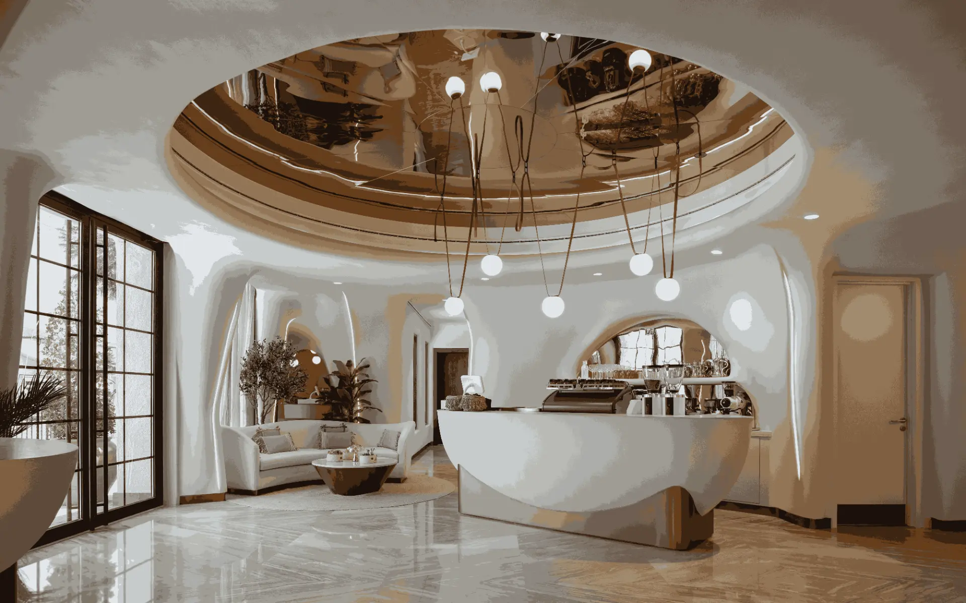 Falwa reception lounge with domed bronze ceiling