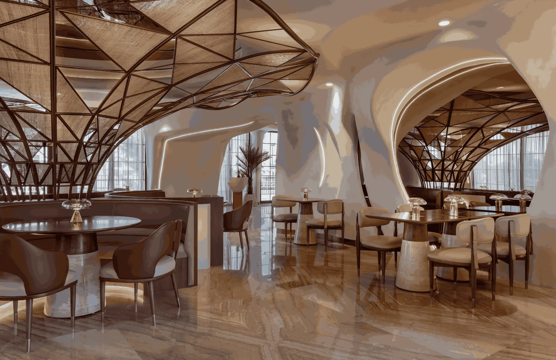 Falwa dining hall with curved banquettes