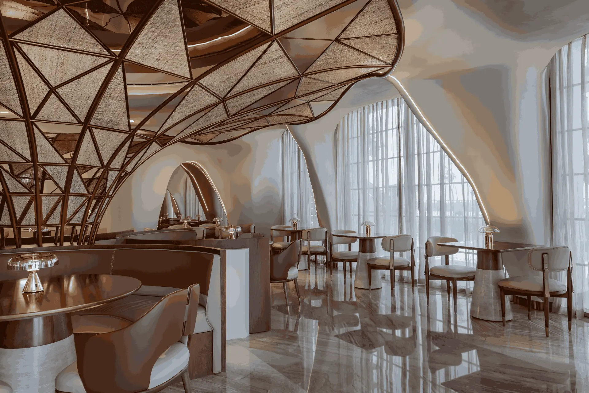 Falwa dining booths beside floor-to-ceiling windows
